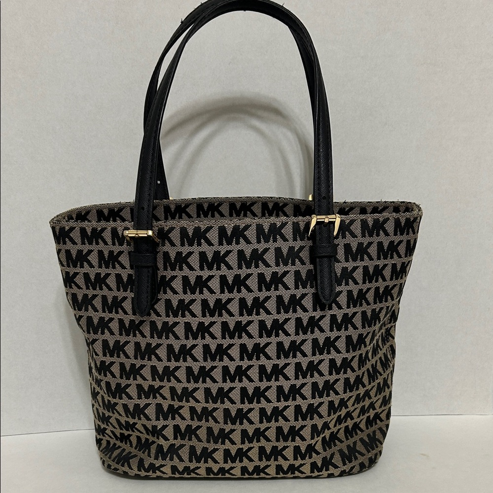 Michael Kors Black and Brown MK Logo Tote with Front Pocket - Picture 3 of 12